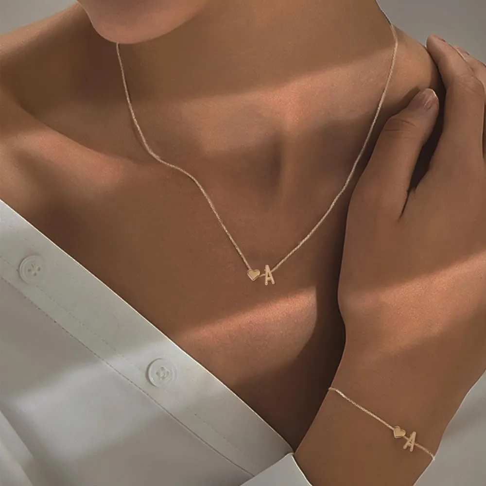 Gold Bracelets For Women Heart Initial Letter Pendant Necklace and Bracelet Set Personalized Jewelry Sets for Women Birthday Gifts for Mom Her Daughter Initial Necklace 14K Silver Plated
