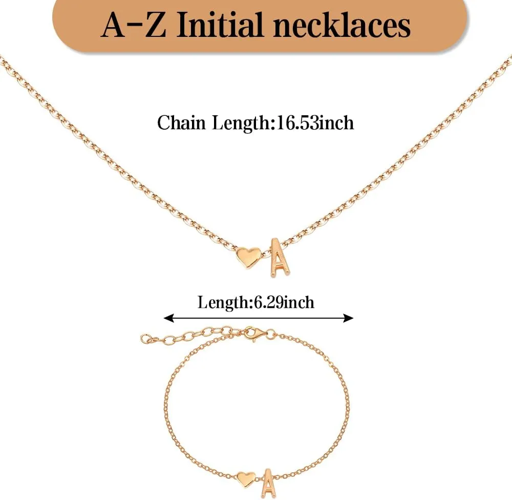 Gold Bracelets For Women Heart Initial Letter Pendant Necklace and Bracelet Set Personalized Jewelry Sets for Women Birthday Gifts for Mom Her Daughter Initial Necklace 14K Silver Plated