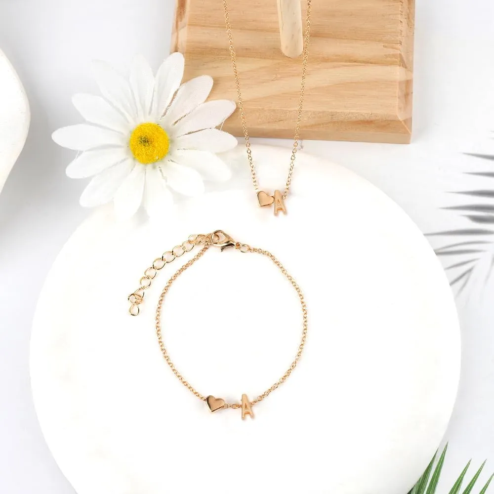 Gold Bracelets For Women Heart Initial Letter Pendant Necklace and Bracelet Set Personalized Jewelry Sets for Women Birthday Gifts for Mom Her Daughter Initial Necklace 14K Silver Plated