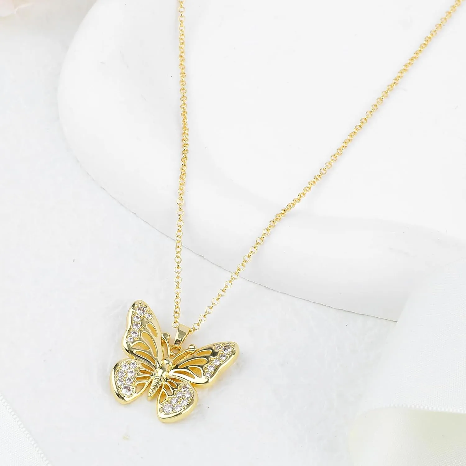Gold Butterfly Necklace for Women 14K Gold Plated Hollow Butterfly Pendant Necklace Cubic Zirconia Butterfly Charm Necklace Adjustable Trendy Insect Fairy Jewelry Gift for Women