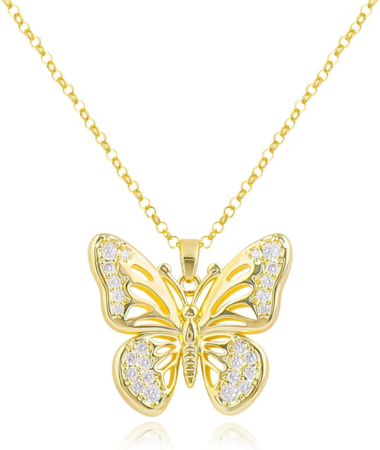 Gold Butterfly Necklace for Women 14K Gold Plated Hollow Butterfly Pendant Necklace Cubic Zirconia Butterfly Charm Necklace Adjustable Trendy Insect Fairy Jewelry Gift for Women