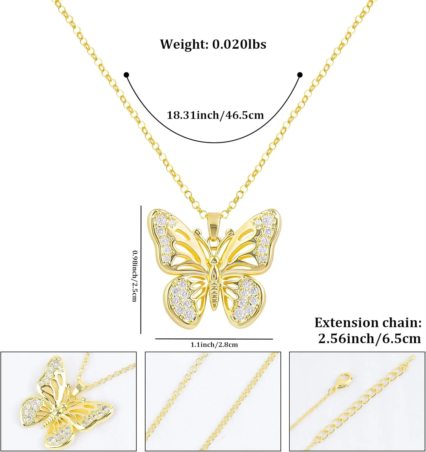 Gold Butterfly Necklace for Women 14K Gold Plated Hollow Butterfly Pendant Necklace Cubic Zirconia Butterfly Charm Necklace Adjustable Trendy Insect Fairy Jewelry Gift for Women