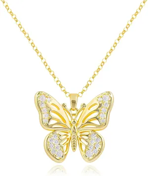 Gold Butterfly Necklace for Women 14K Gold Plated Hollow Butterfly Pendant Necklace Cubic Zirconia Butterfly Charm Necklace Adjustable Trendy Insect Fairy Jewelry Gift for Women