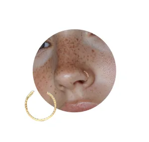 Gold Clip-On Nose Ring 20 Gauge Non-Piercing Hammered 14k Gold-Filled Nostril Hoop Cuff Textured And Shiny Handcrafted Fake Body Jewelry Piece