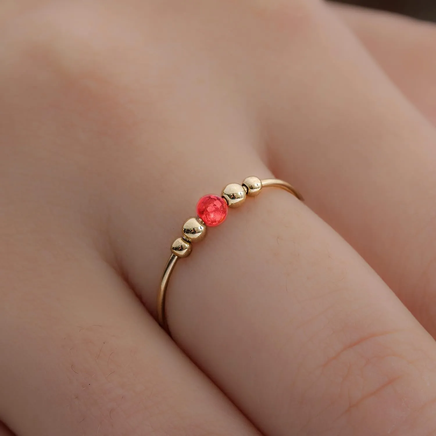 Gold Fidget Ring For Anxiety - 14k Gold Cherry Red Opal Fidget Ring With Beads - Women Spinny Fidget Rings Stress Relief Fidget Ring