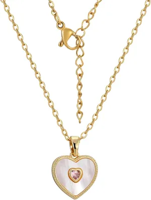 Gold Heart Pendant Necklace for Women Mother-of-Pearl with Pink Crystal, Layered Chain Design, Elegant Jewelry Gift for Her