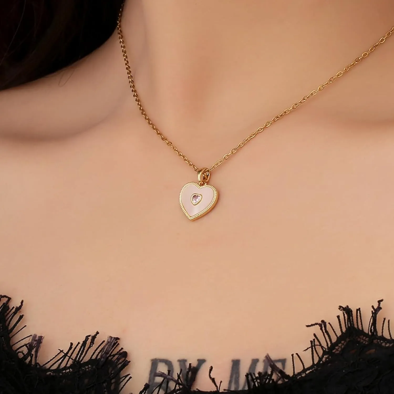 Gold Heart Pendant Necklace for Women Mother-of-Pearl with Pink Crystal, Layered Chain Design, Elegant Jewelry Gift for Her