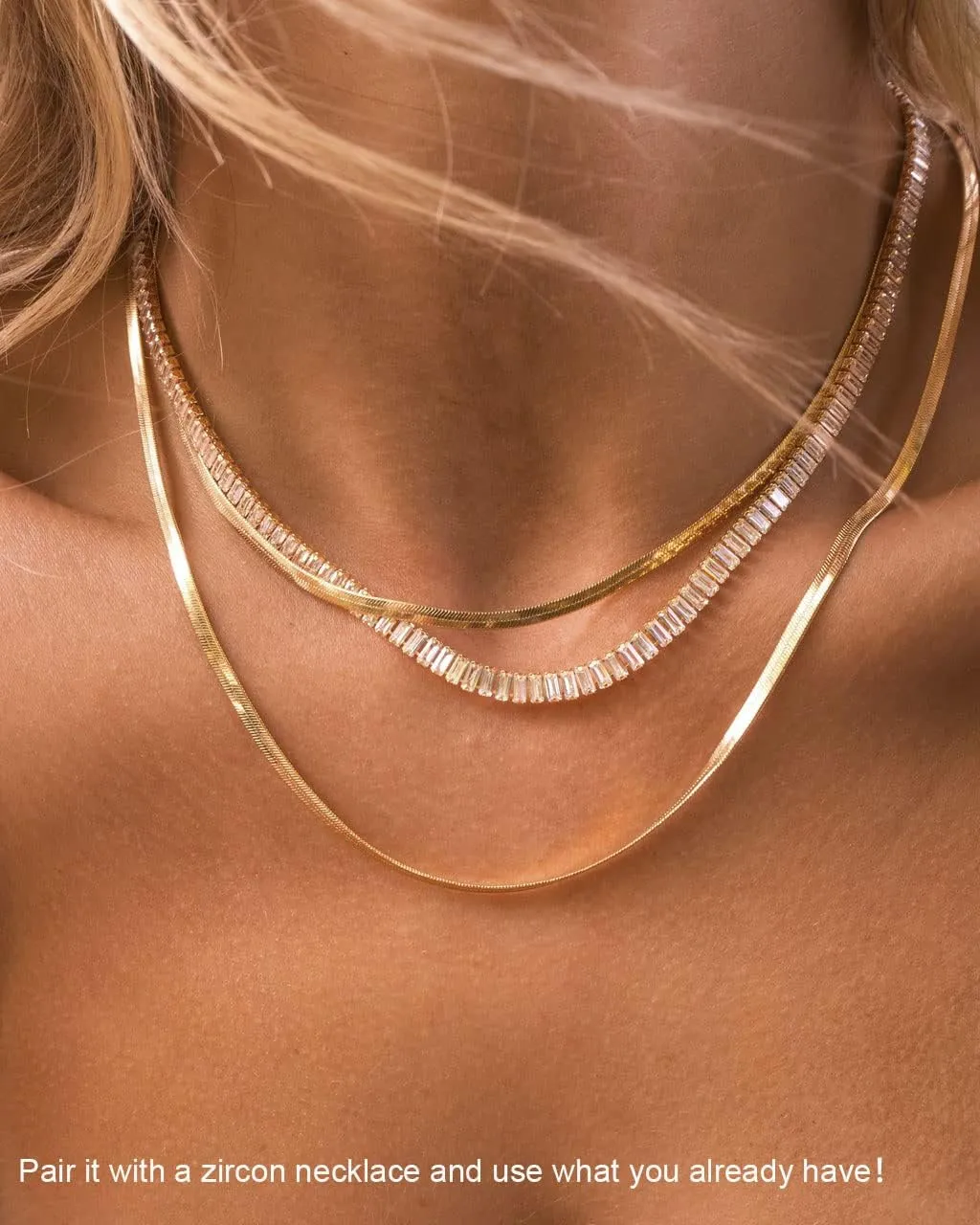Gold Herringbone Necklace for Women, Dainty Layered Gold Necklaces Snake Simple 14K Gold Plated Chain Choker Necklaces Stack Chunky Trendy Gold Jewelry Gift for Women