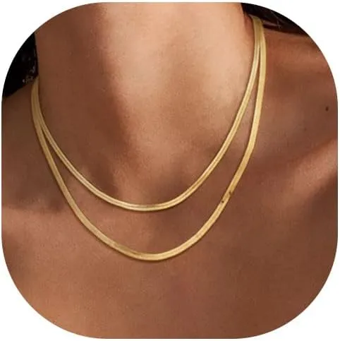 Gold Herringbone Necklace for Women, Dainty Layered Gold Necklaces Snake Simple 14K Gold Plated Chain Choker Necklaces Stack Chunky Trendy Gold Jewelry Gift for Women