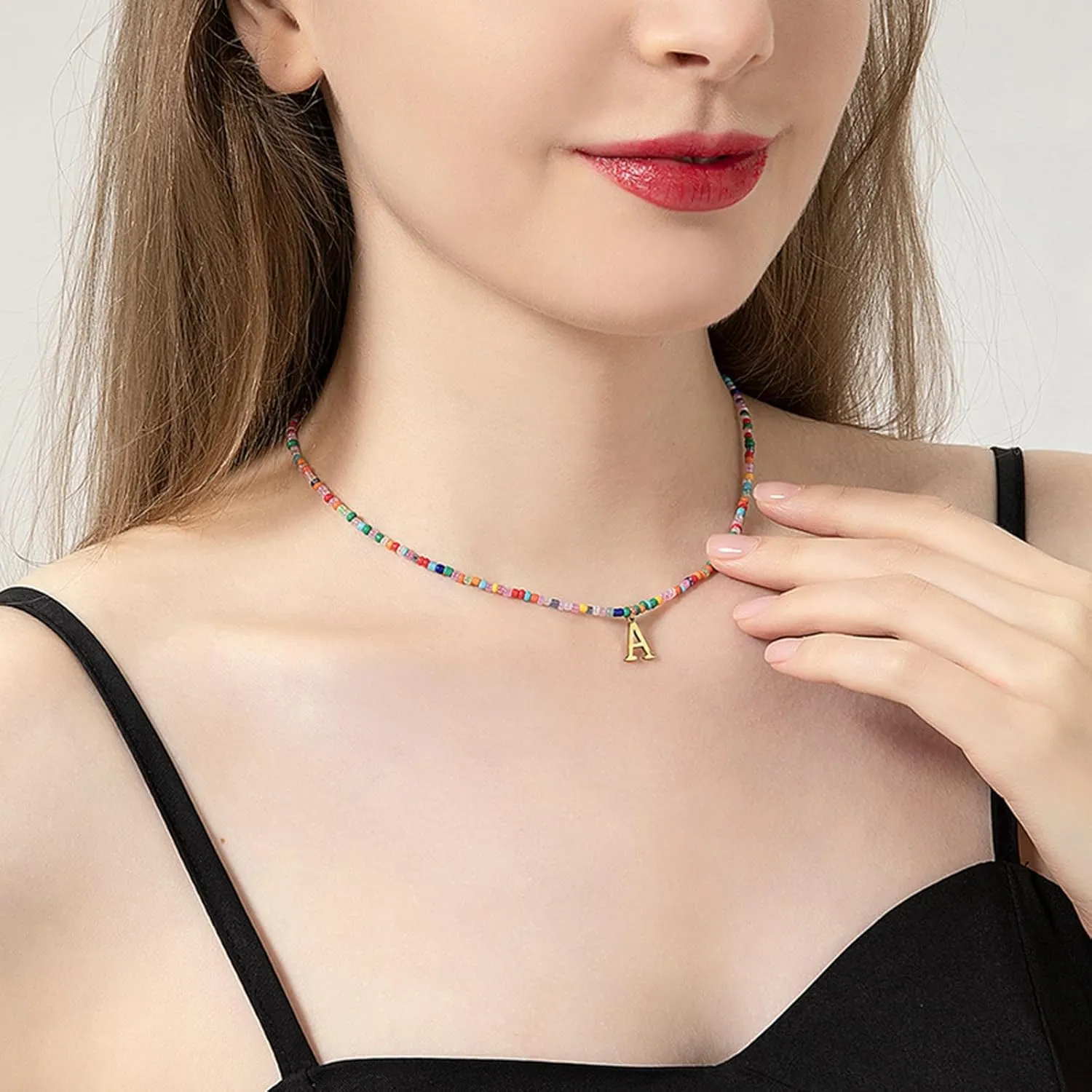 Gold Initial Necklace for Women Teen Girls, Handmade Colorful Beaded Letter Necklace Jewelry, Cute Necklaces with Initials as Trendy Stocking Stuffers Christmas Birthday Gift