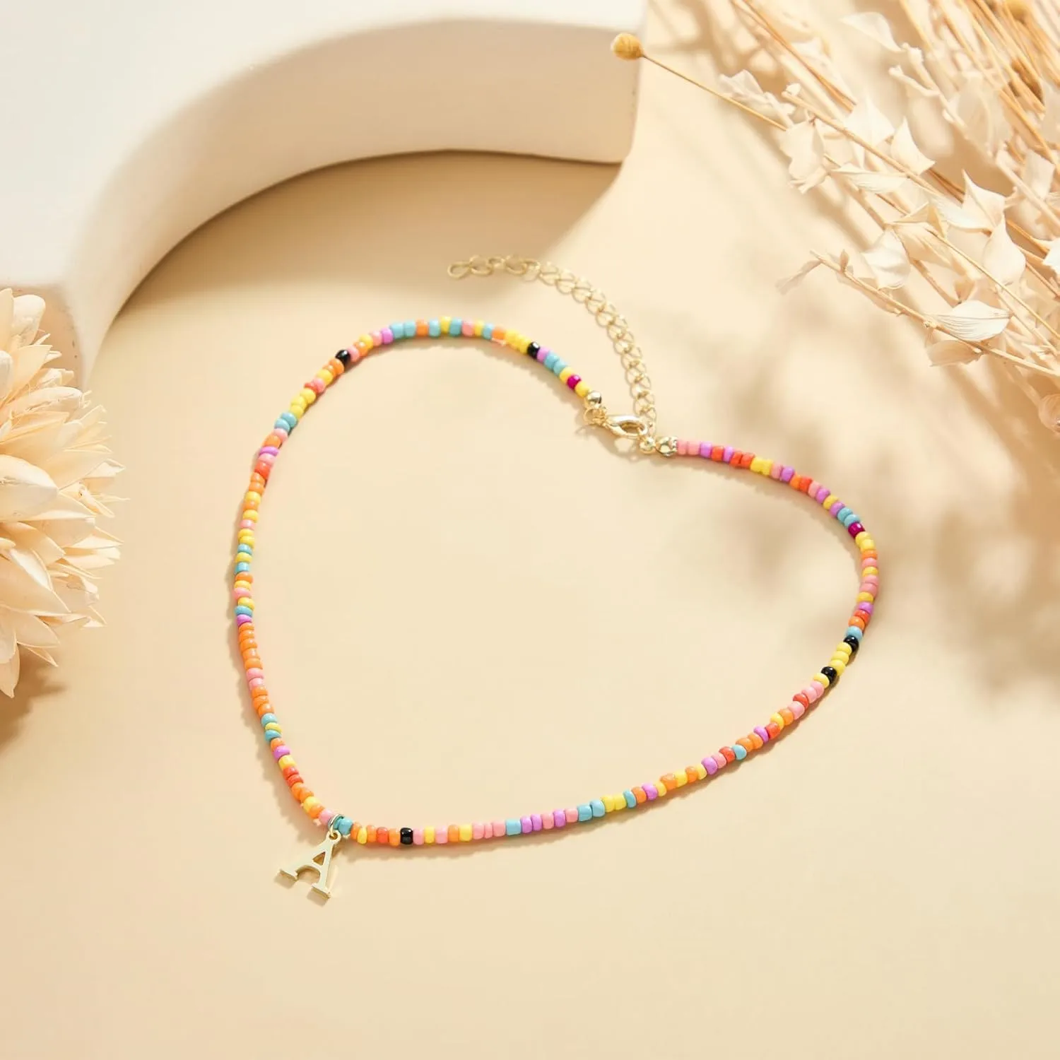 Gold Initial Necklace for Women Teen Girls, Handmade Colorful Beaded Letter Necklace Jewelry, Cute Necklaces with Initials as Trendy Stocking Stuffers Christmas Birthday Gift