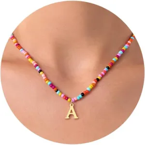Gold Initial Necklace for Women Teen Girls, Handmade Colorful Beaded Letter Necklace Jewelry, Cute Necklaces with Initials as Trendy Stocking Stuffers Christmas Birthday Gift