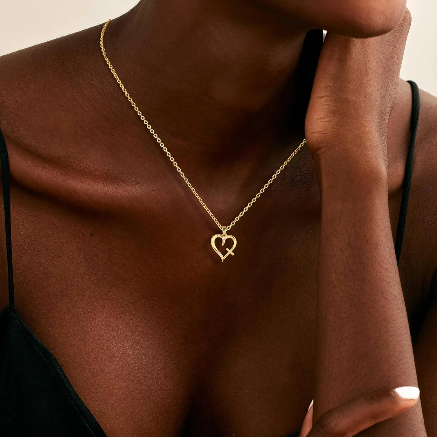 Gold Necklace for Women 14k Real Gold Silver Plated Heart Necklace Pendant Necklace Dainty Small Rose Cross Heart Necklace Cute Choker Necklace Minimalist Jewelry Necklace Gifts