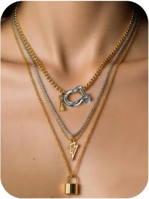 Gold Silver Layered Toggle Necklaces for Women 4 Set,18K Gold Plated Dainty Link Chain Stainless Steel Lightning Lock Cuban Choker Chunky Necklace for Women Trendy Jewelry Gift