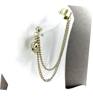 Gold Skull Ear Cuff Dangle Post Stud Earring Ear Cuff 4" Long Chain Light Adorable Statement Jewelry Earrings for Women