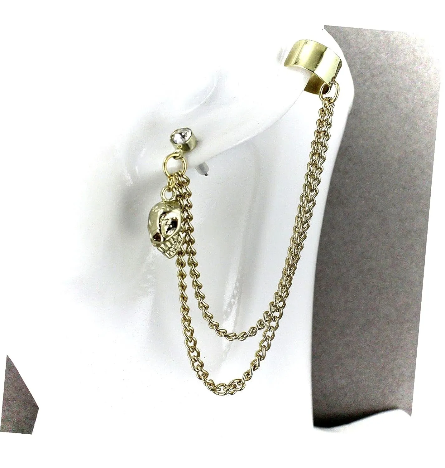 Gold Skull Ear Cuff Dangle Post Stud Earring Ear Cuff 4" Long Chain Light Adorable Statement Jewelry Earrings for Women