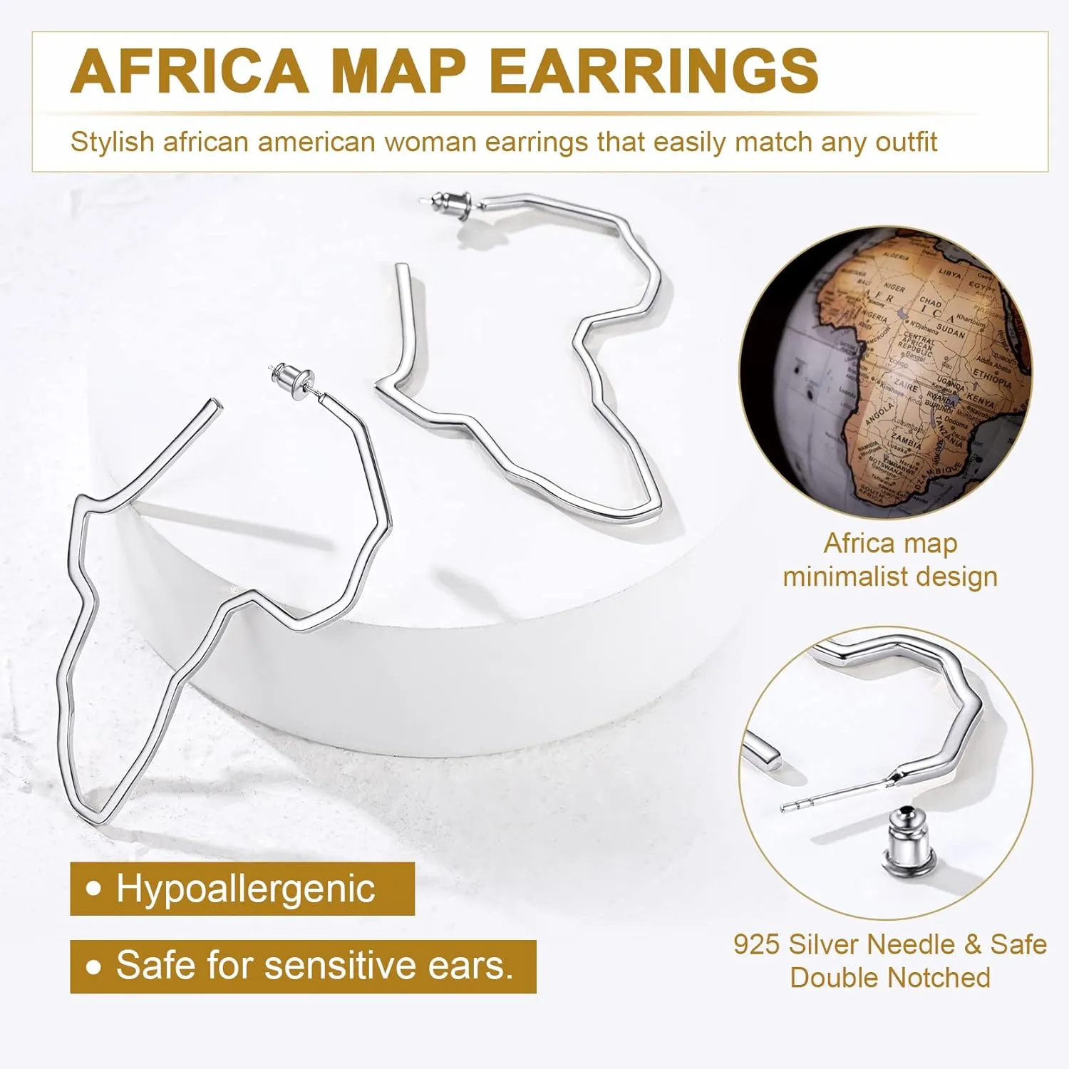 GoldChic Jewelry African Earrings for Women, Gold Africa Map Earring with Custom Name, Platinum/Black Minimalist Ethnic Style Dangle Drop Statement Ear Jewelry with Gift Box