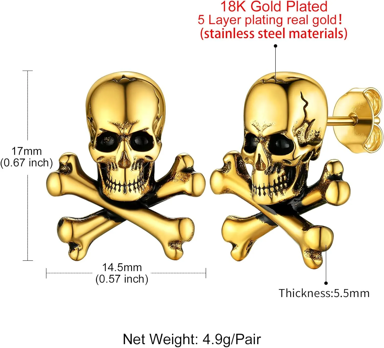 GoldChic Jewelry Skull Earrings Studs For Men, Stainless Steel Retro Vintage Gothic Skeleton Huggie Earrings, Halloween Gifts Hip Hop Jewelry for Man