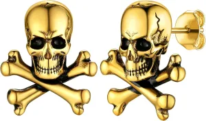 GoldChic Jewelry Skull Earrings Studs For Men, Stainless Steel Retro Vintage Gothic Skeleton Huggie Earrings, Halloween Gifts Hip Hop Jewelry for Man
