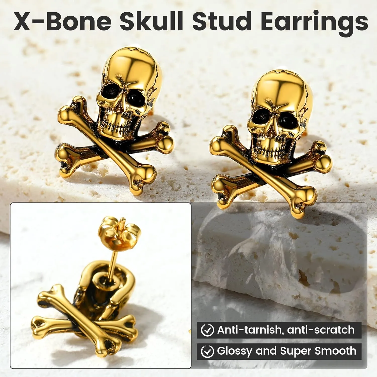 GoldChic Jewelry Skull Earrings Studs For Men, Stainless Steel Retro Vintage Gothic Skeleton Huggie Earrings, Halloween Gifts Hip Hop Jewelry for Man