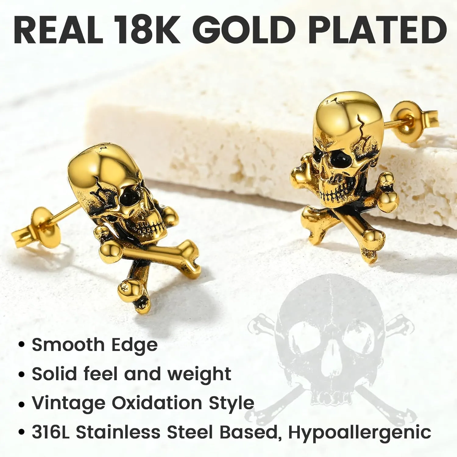 GoldChic Jewelry Skull Earrings Studs For Men, Stainless Steel Retro Vintage Gothic Skeleton Huggie Earrings, Halloween Gifts Hip Hop Jewelry for Man