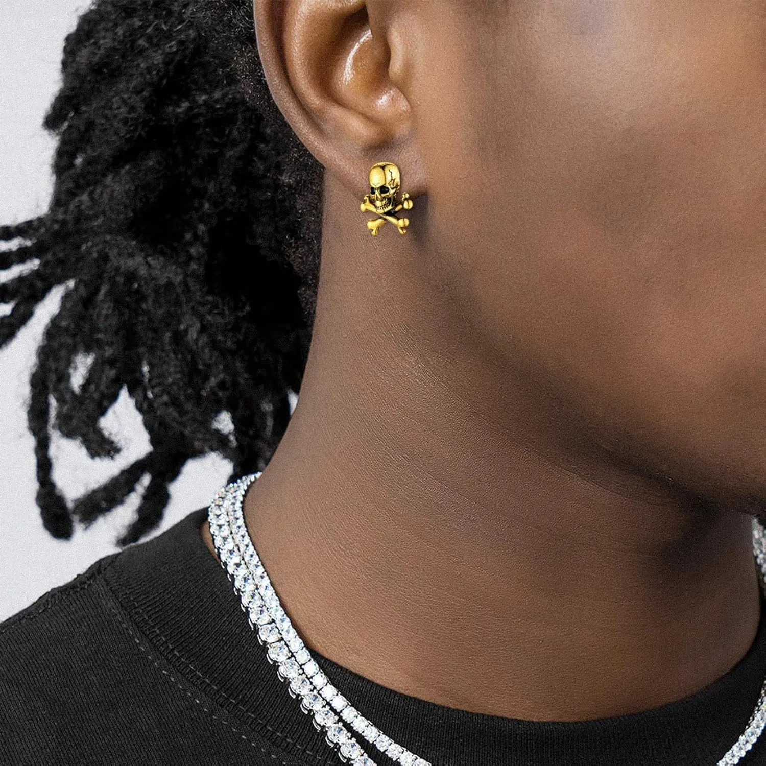 GoldChic Jewelry Skull Earrings Studs For Men, Stainless Steel Retro Vintage Gothic Skeleton Huggie Earrings, Halloween Gifts Hip Hop Jewelry for Man
