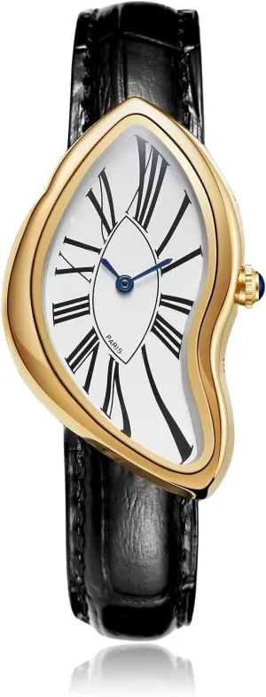 Gosasa Creative Melting Luxury Unisex Watch Stylish Analog Quartz Wristwatch with Genuine Leather Strap, Roman Numeral Dial, Waterproof, Business Casual Dress Watch