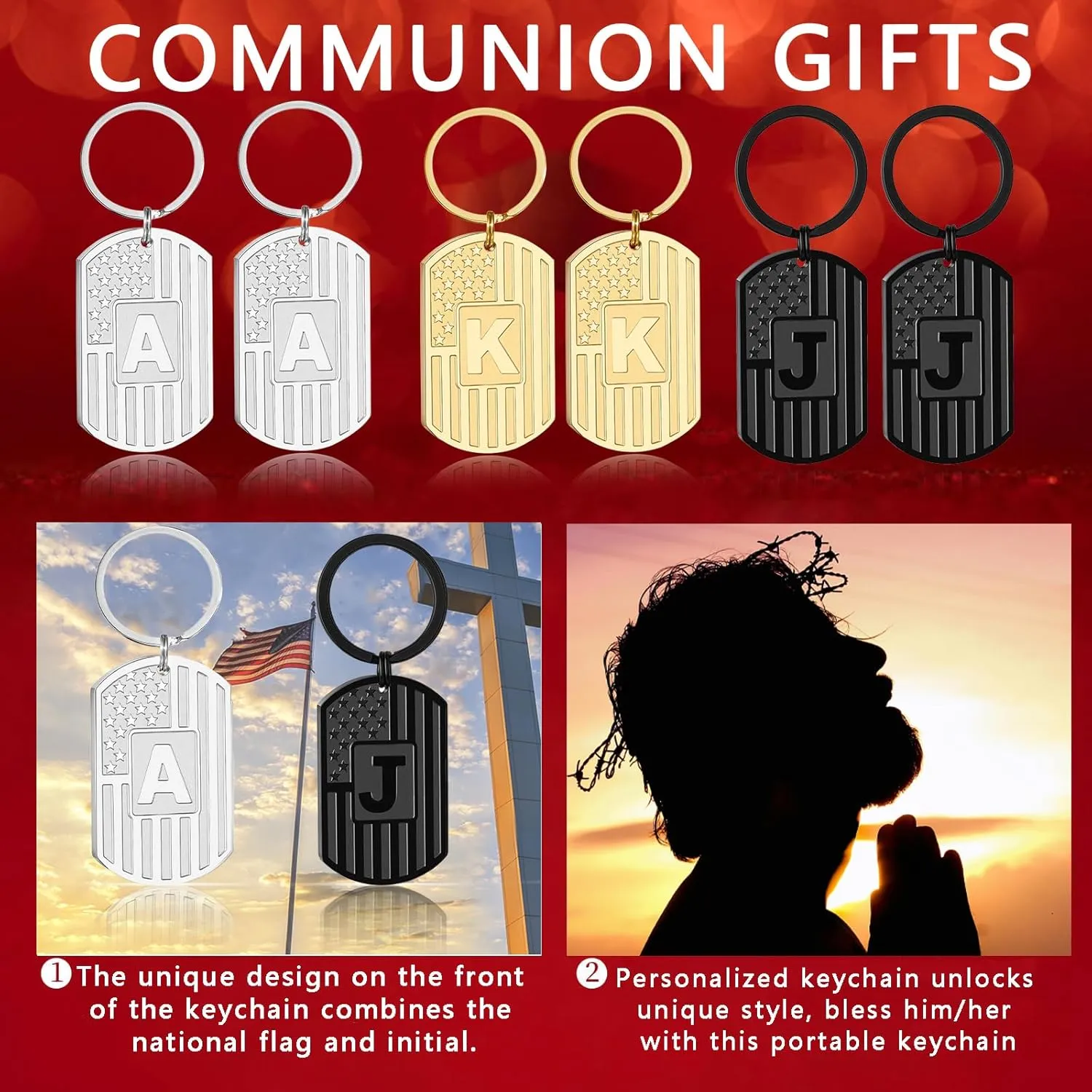 Graduation Easter Gifts-Initial Keychain Gifts for Men,Letter American Flag Dog Tag Keychain