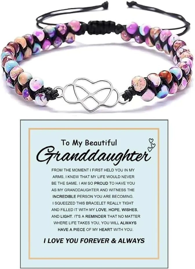 Granddaughter Bracelet, To My Granddaughter Infinity Forever Love Heart Bracelet Natural Emperor Stone Double Layer Purple Beaded Woven Wrap Bracelets Adjustable Mind Peace Gift Jewelry