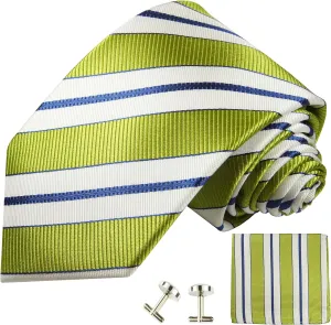 Green, White and Navy Striped Silk Tie with Pocket Square and Cufflinks