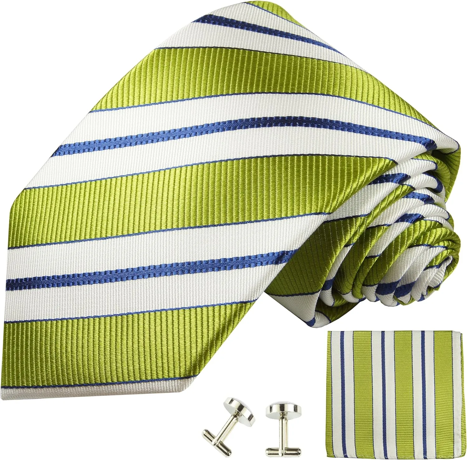 Green, White and Navy Striped Silk Tie with Pocket Square and Cufflinks