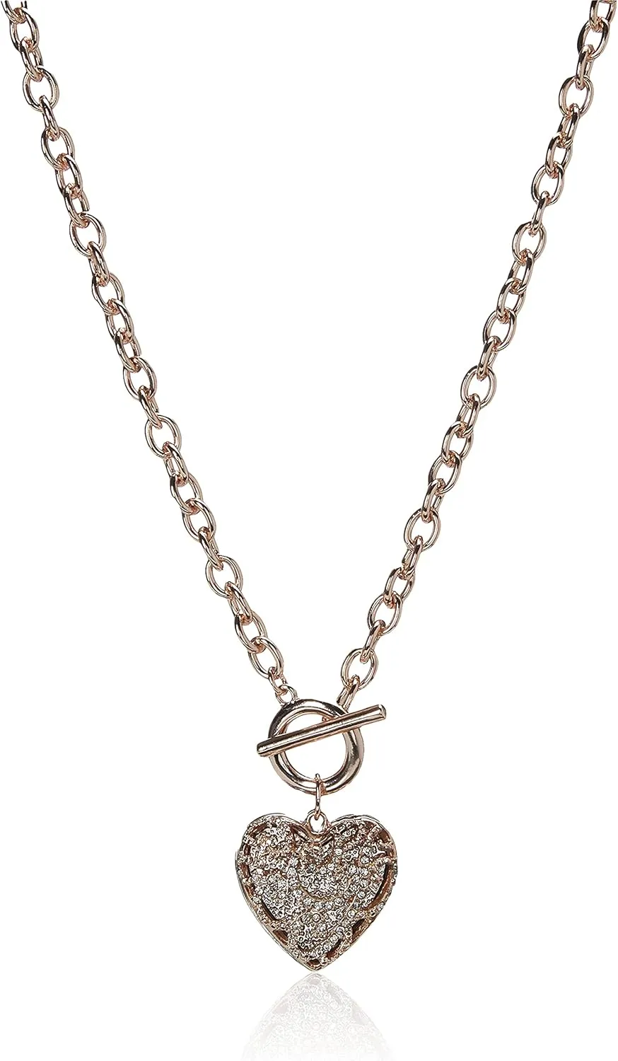 GUESS Rose Gold-Tone Pave Crystal Glass Stone Heart Pendant Toggle Necklace