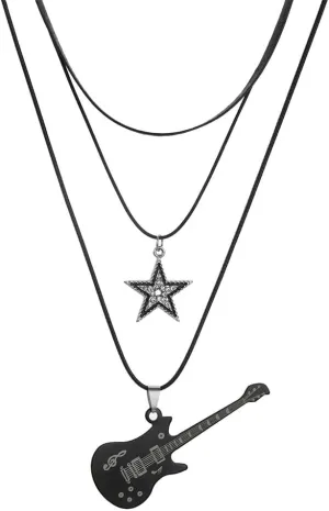 Guitar Necklace, Vintage Guitar Star Layered Necklace for Women Men, Rock and Roll Choker, Punk Guitar Pendant Necklace for Rocker, Musicians