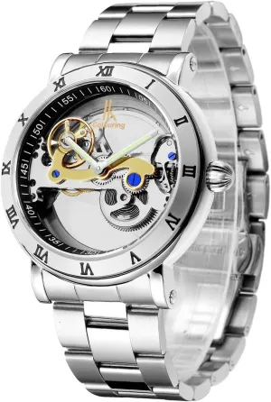 Gute Men's Watches, Mechanical Automatic Self-Winding Waterproof Watch, Luxury See Through Hollow-Out Minimalist Transparent Steampunk Roman Numerals Silver Case Wrist Watch