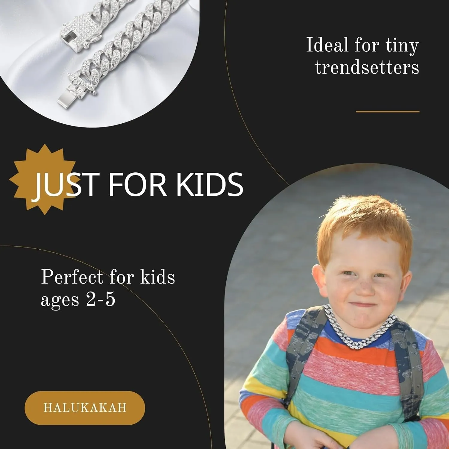 Halukakah Baby Toddler Cuban Link Chain - TYCOON JUNIOR - Kid's 18k Real Gold/Platinum White Gold Plated Chain Necklace Small Size,Lab Diamonds Prong Set,Fits Ages 6  Y/O. with Giftbox