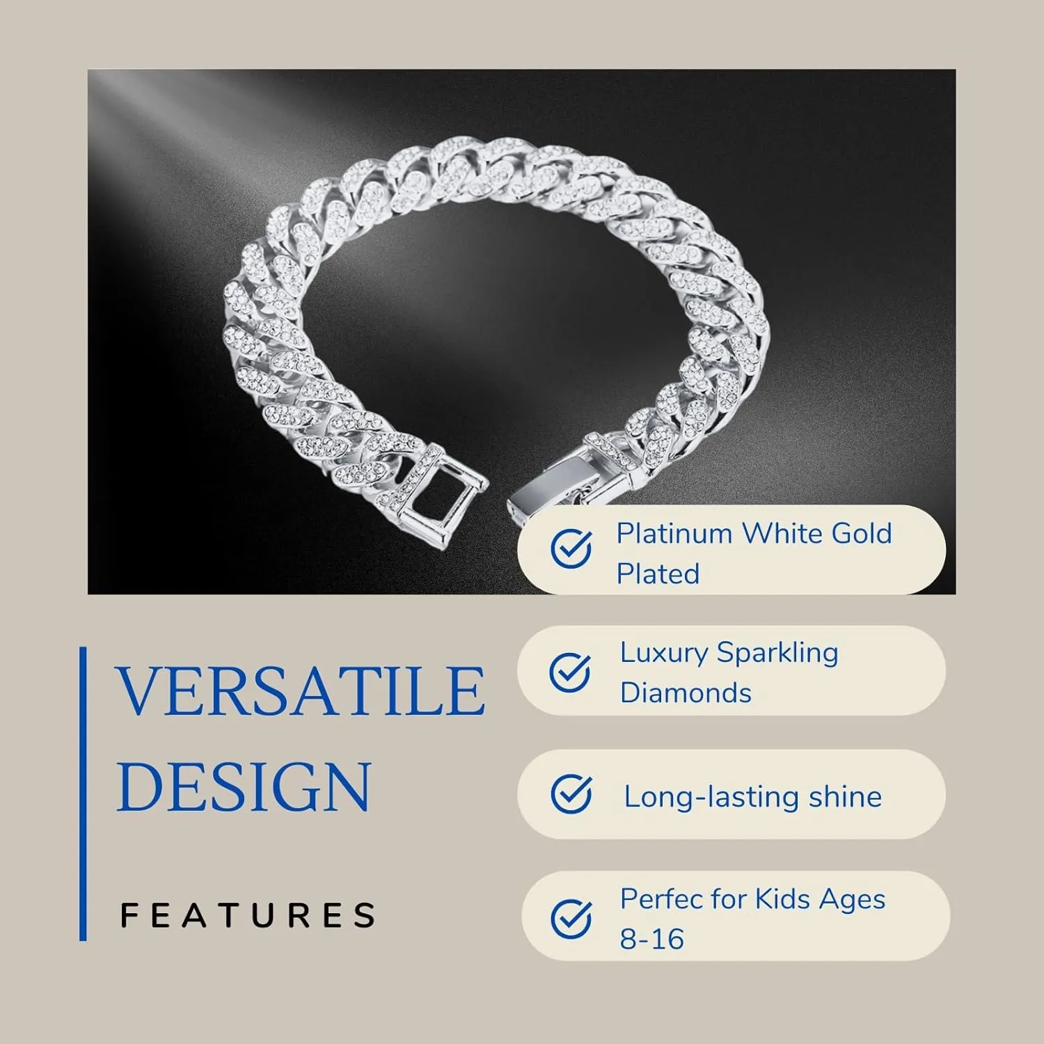 Halukakah Cuban Link Chain for Kids Boys Teenager Iced Out,Gold Chain Miami Choker Necklace Bracelet in 18k Real Gold/Platinum White Gold Plated,Hand Set Lab Diamonds,Fits Ages 8-16 Y/O. with Giftbox