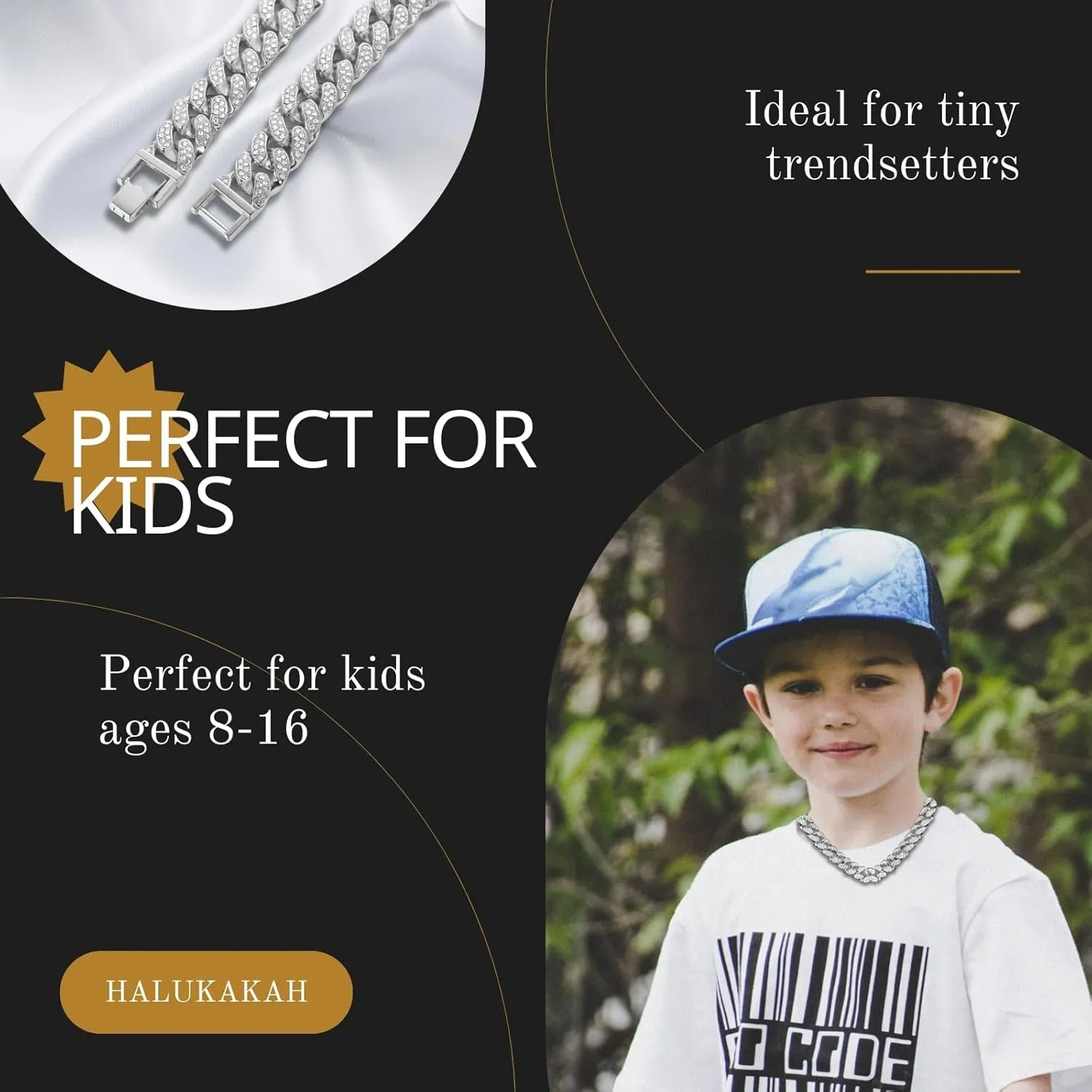 Halukakah Cuban Link Chain for Kids Boys Teenager Iced Out,Gold Chain Miami Choker Necklace Bracelet in 18k Real Gold/Platinum White Gold Plated,Hand Set Lab Diamonds,Fits Ages 8-16 Y/O. with Giftbox