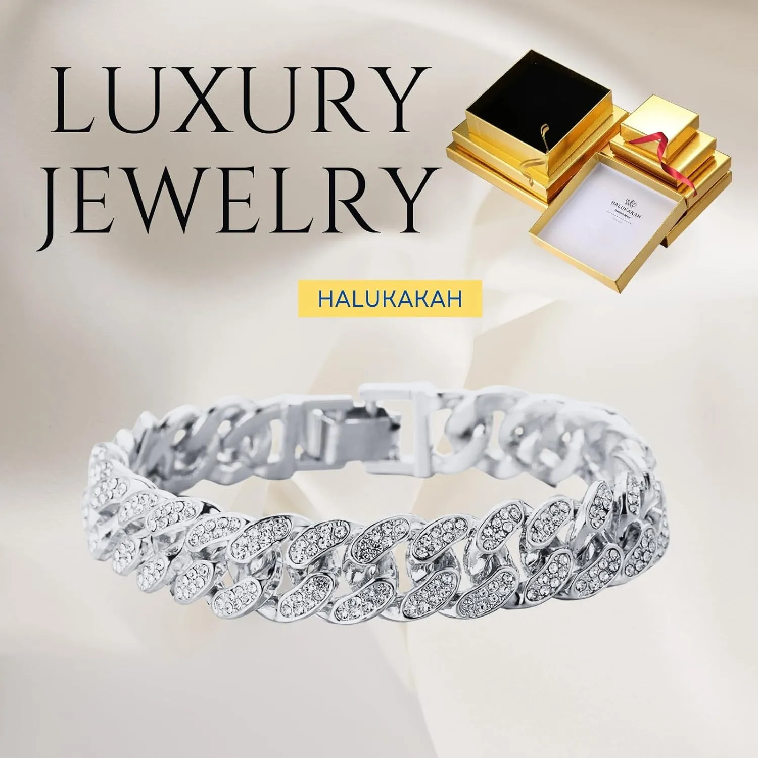 Halukakah Cuban Link Chain for Kids Boys Teenager Iced Out,Gold Chain Miami Choker Necklace Bracelet in 18k Real Gold/Platinum White Gold Plated,Hand Set Lab Diamonds,Fits Ages 8-16 Y/O. with Giftbox