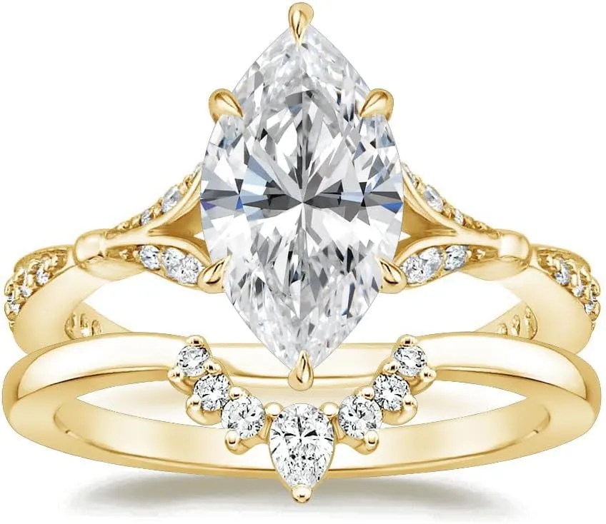 Handmade 2 CT Marquise Cut Moissanite Antique Engagement Ring, Vintage Halo Bridal Set in Solid Yellow Gold & 925 Sterling Silver with Curved Eternity Wedding Band