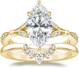 Handmade 2 CT Marquise Cut Moissanite Antique Engagement Ring, Vintage Halo Bridal Set in Solid Yellow Gold & 925 Sterling Silver with Curved Eternity Wedding Band