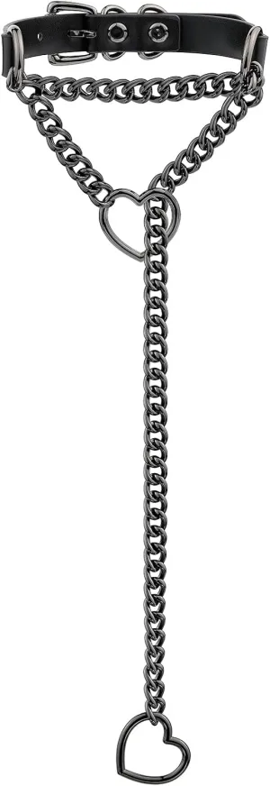 Handmade Black Heart Choker Collar For Women, Punk Gothic O-ring Slip Chain Necklace with Adjustable Vegan Leather Buckle