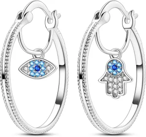 Hapour Sterling Silver Cubic Zirconia Hoop Earrings for Women Teen, Hypoallergenic Rhinestone Earrings Sparkly Crystal Hamsa Hand Evil Eye Hoops