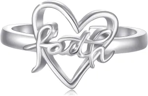 Heart Faith Ring, S925 Sterling Silver Adjubstable Religious Christian Inspiring Love Faith Cross Rings for Women