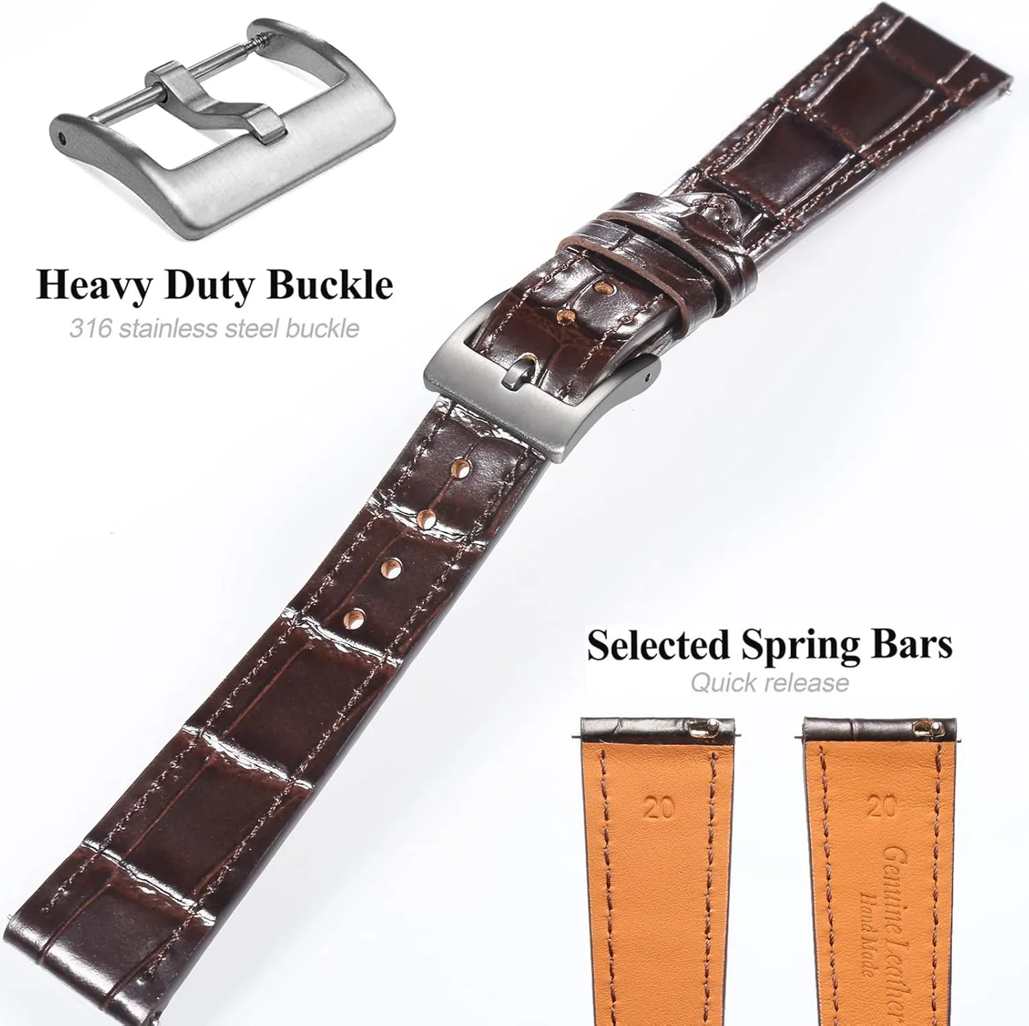 Hemsut Alligator Grain Leather Watch Band, Quick Release Genuine Leather Watch Strap 18mm,19mm, 20mm, 21mm 22mm for Men and Women