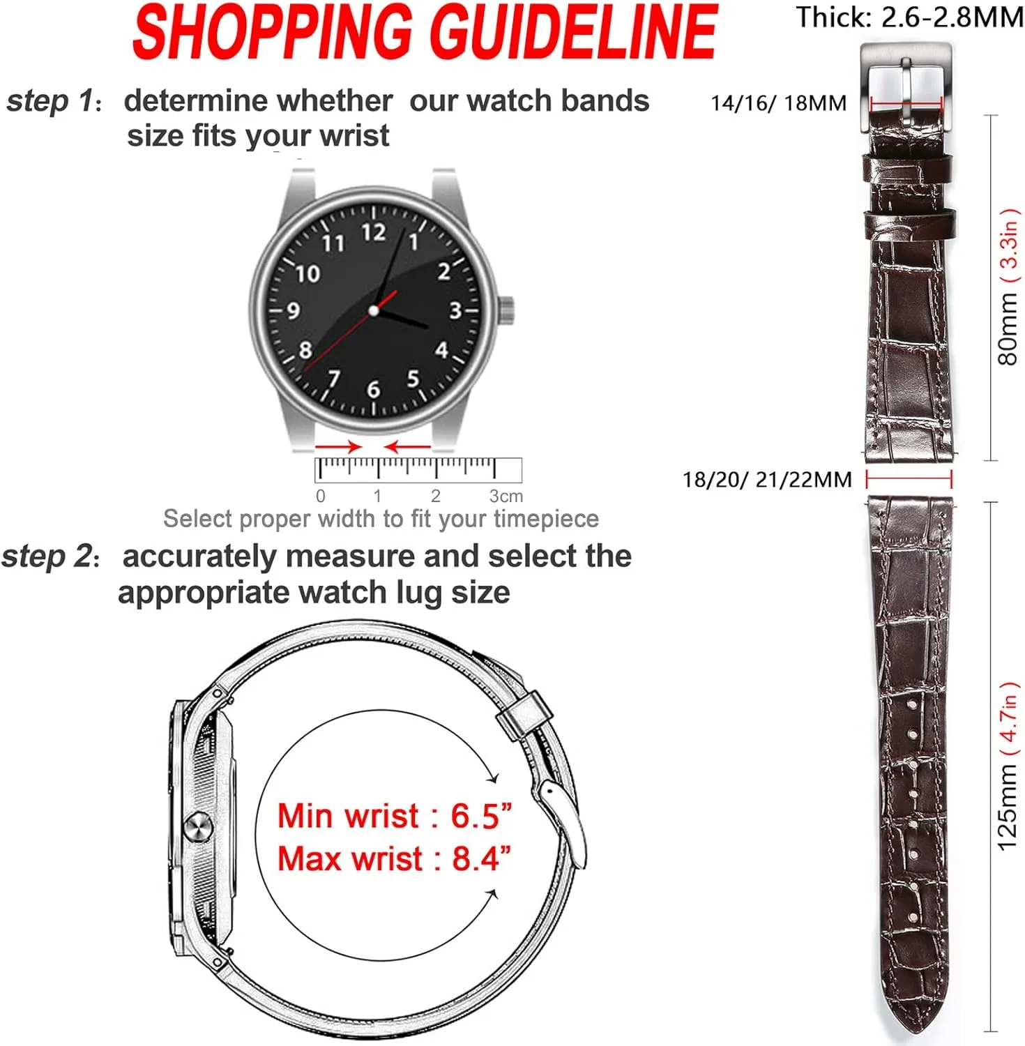 Hemsut Alligator Grain Leather Watch Band, Quick Release Genuine Leather Watch Strap 18mm,19mm, 20mm, 21mm 22mm for Men and Women
