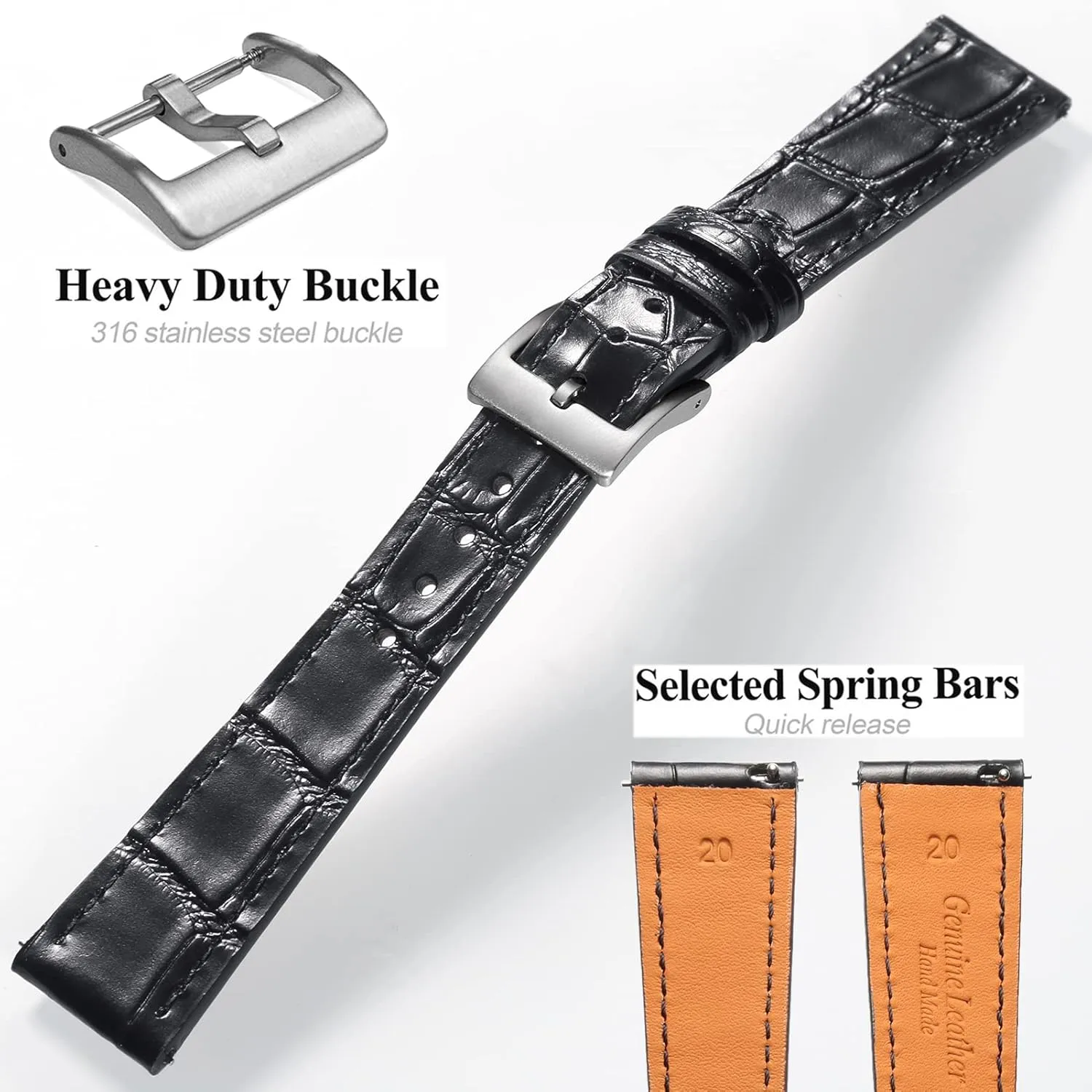 Hemsut Alligator Grain Leather Watch Band, Quick Release Genuine Leather Watch Strap 18mm,19mm, 20mm, 21mm 22mm for Men and Women