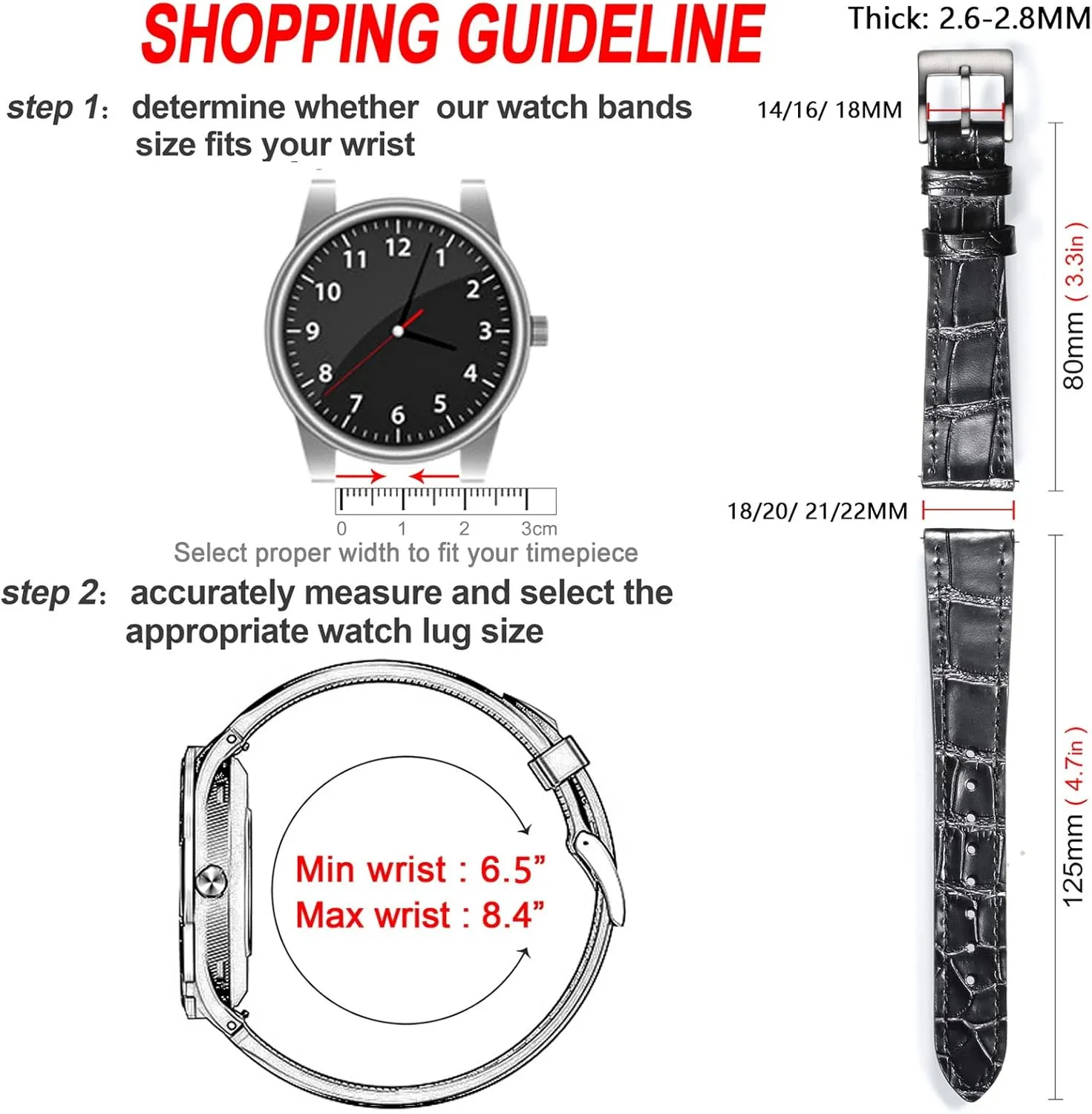 Hemsut Alligator Grain Leather Watch Band, Quick Release Genuine Leather Watch Strap 18mm,19mm, 20mm, 21mm 22mm for Men and Women