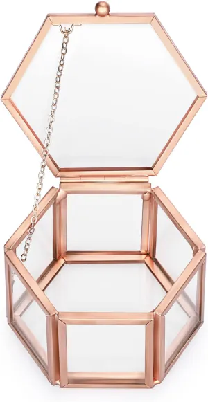 Hipiwe Vintage Glass Jewelry Box - Golden Hexagonal Jewelry Display Organizer Keepsake Box Home Decorative Box Case for Storage Trinket Ring Earring Chest