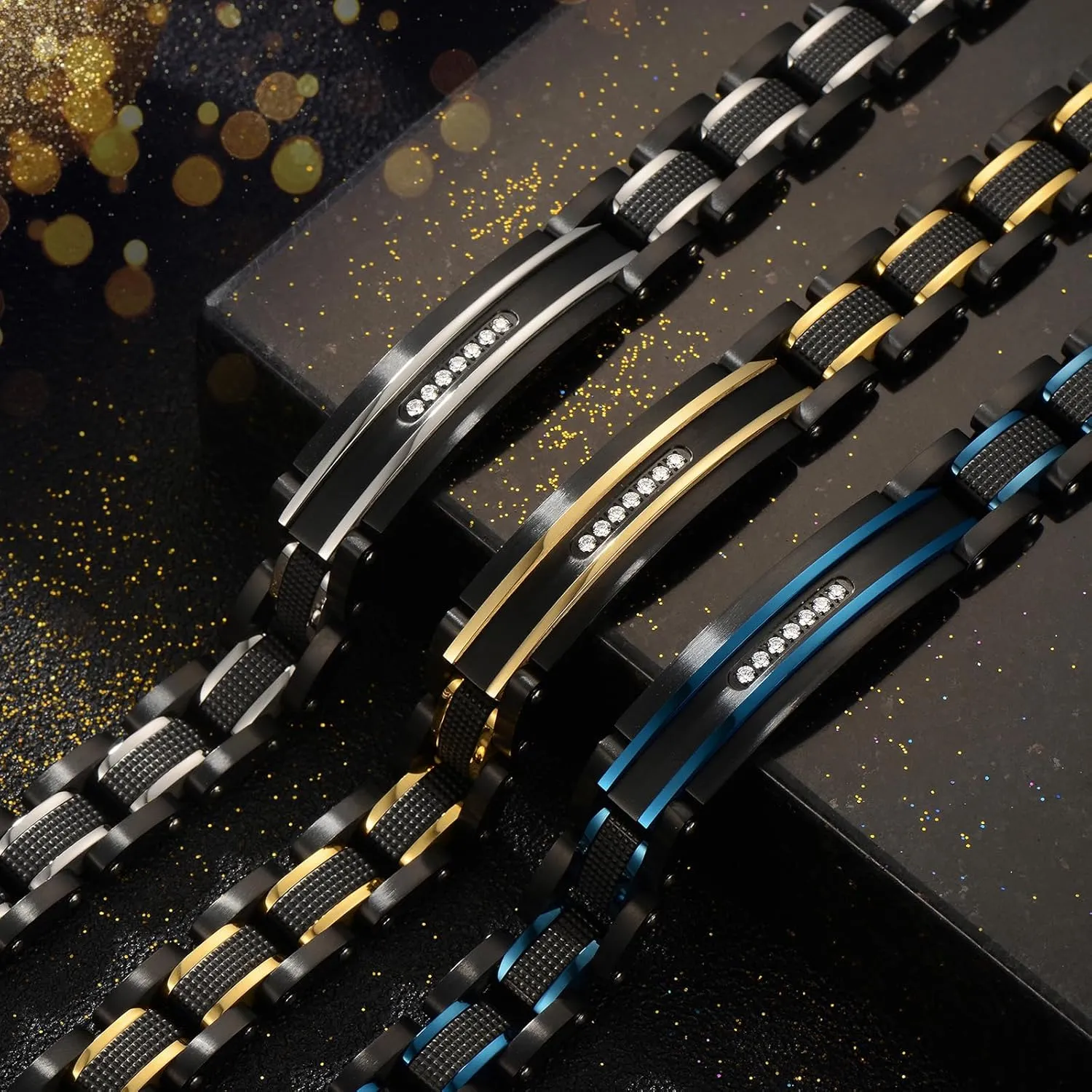 Holizaly Men's Bracelet Men's Stainless Steel Bracelet, Link Bracelet Gold Black and Blue Ion Plated Black with Box