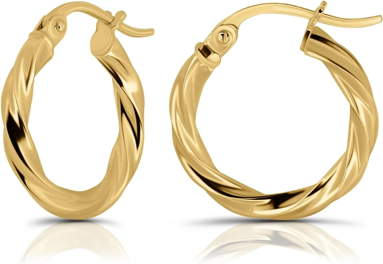 Hoops & Loops 925 Sterling Silver Hoop Earrings for Women, 14K Gold, Rose Gold Plated, Black Twisted Click-Top Round Hoop Earrings for Women, Hypoallergenic, Lightweight, High Polished Twist Design Hoops 15/20/25/30/35/40/50/60mm